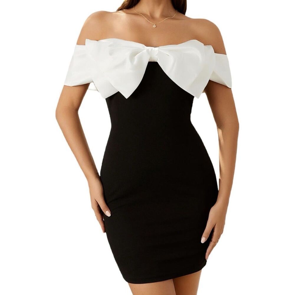 Women's Off Shoulder Bow Front Bodycon Mini Dress Black White Size S NWT